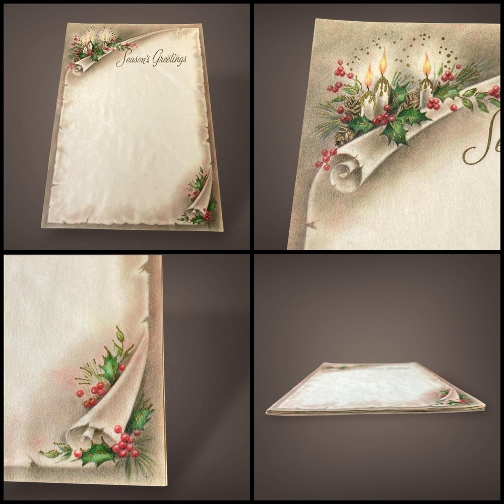 Season's Greetings Christmas Stationery Set OPEN Box 1950s 60s Holly Candle Art - Picture 8 of 10